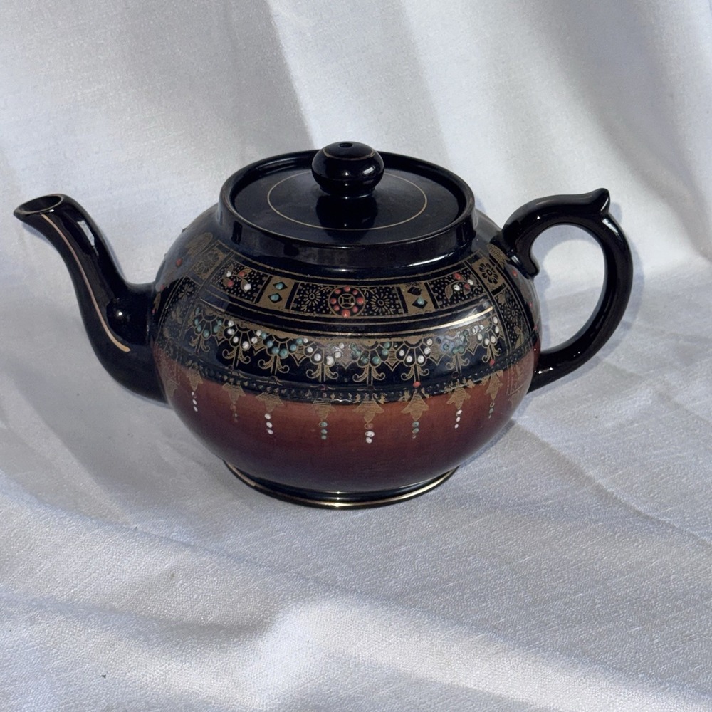 Vintage MCM Teapot Gibson & Sons England Brown Intricate Pattern Painted